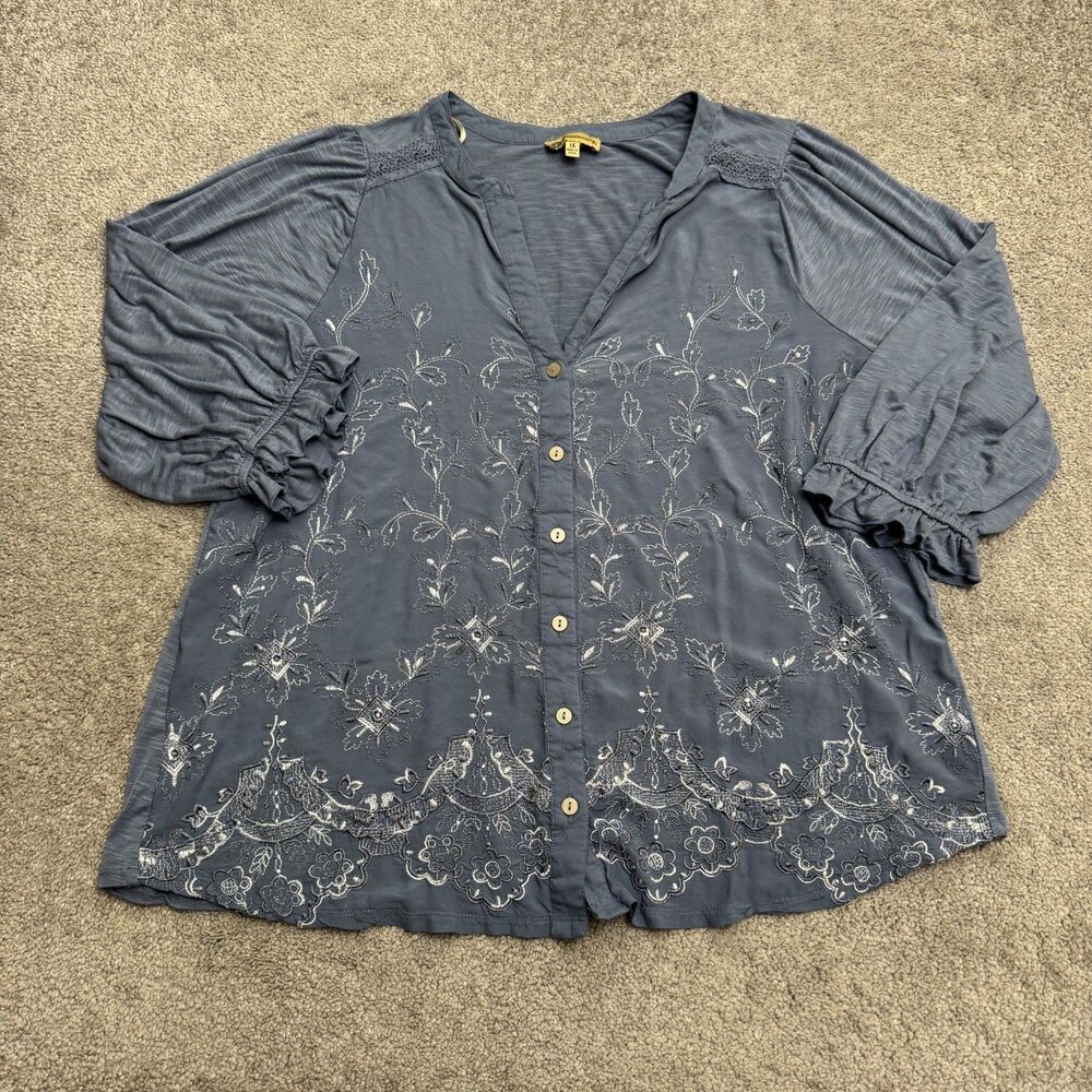 Democracy Embroidered V-Neck Blouse Womens 1X Plus Blue Button Down Boho Top